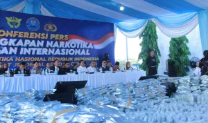 Tumpukan 3,37 ton cannabis buds asal Thailand saat dipamerkan BNN RI di Gersik.